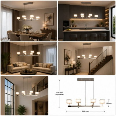 Modern multi-material chandelier, 46W, 6 bulbs, 3000K, 86x120cm - Silver Beige product image 3