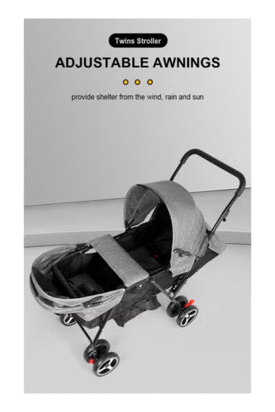 عربة اطفال توام قابلة للطي فان مومنت، مظلة قابلة للتعديل - اسود رمادي product image 2