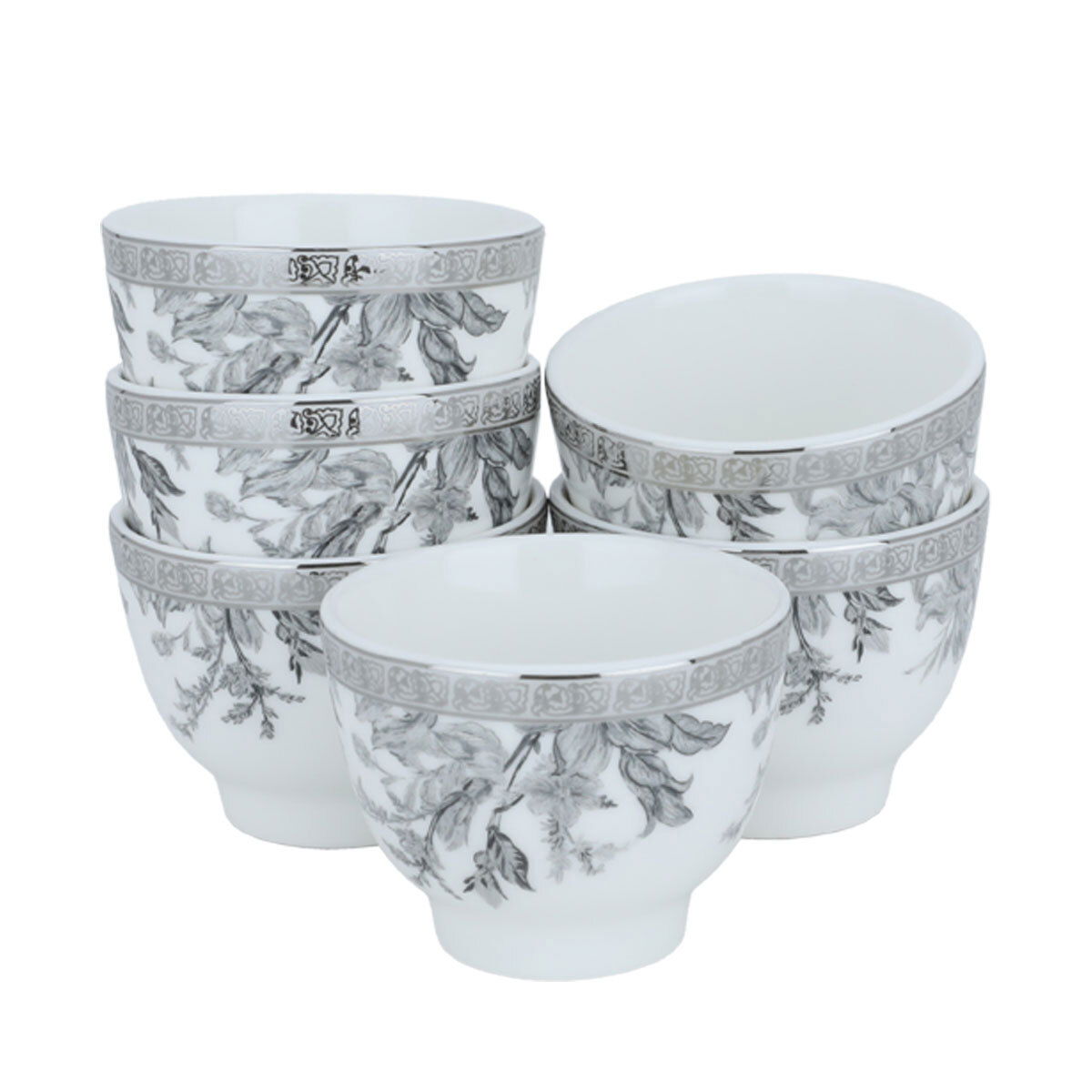 Al Saif Gallery porcelain Arabic coffee cups set, silver pattern, 6 pieces - white product image 1
