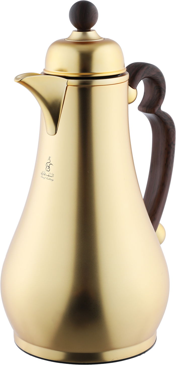 Alsaif Gallery Al-Asalah Thermos Set, 1/1 liter, glass interior, stainless steel exterior, dark wooden handle, press - gold product image 4