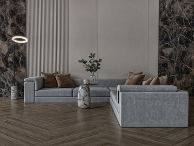 كنبة شكل L مودرن خشب سويدي،300×300 سم، قماش شانيل - رمادي product image 3