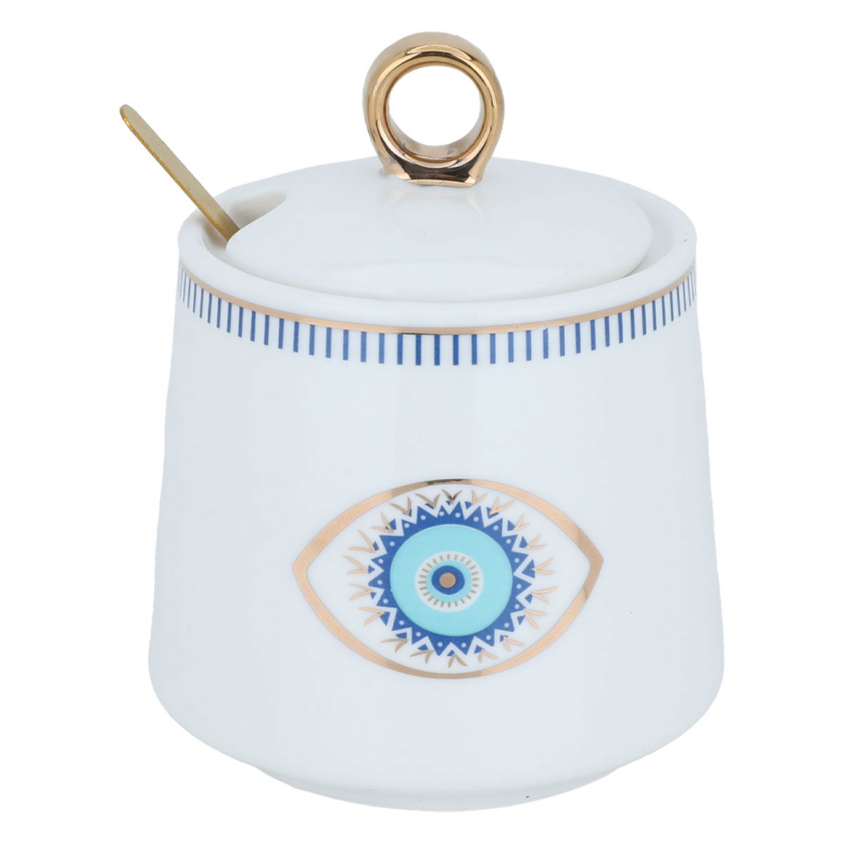 Al Saif Gallery porcelain sugar bowl, eye pattern, with spoon - white product image 1