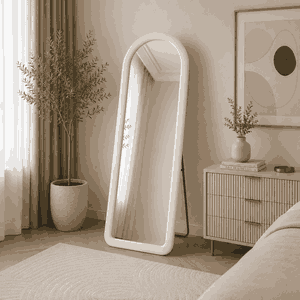 مراية ستاند زجاج، 170×70 سم، ستاند معدن، اطار مخمل - اوف وايت product image