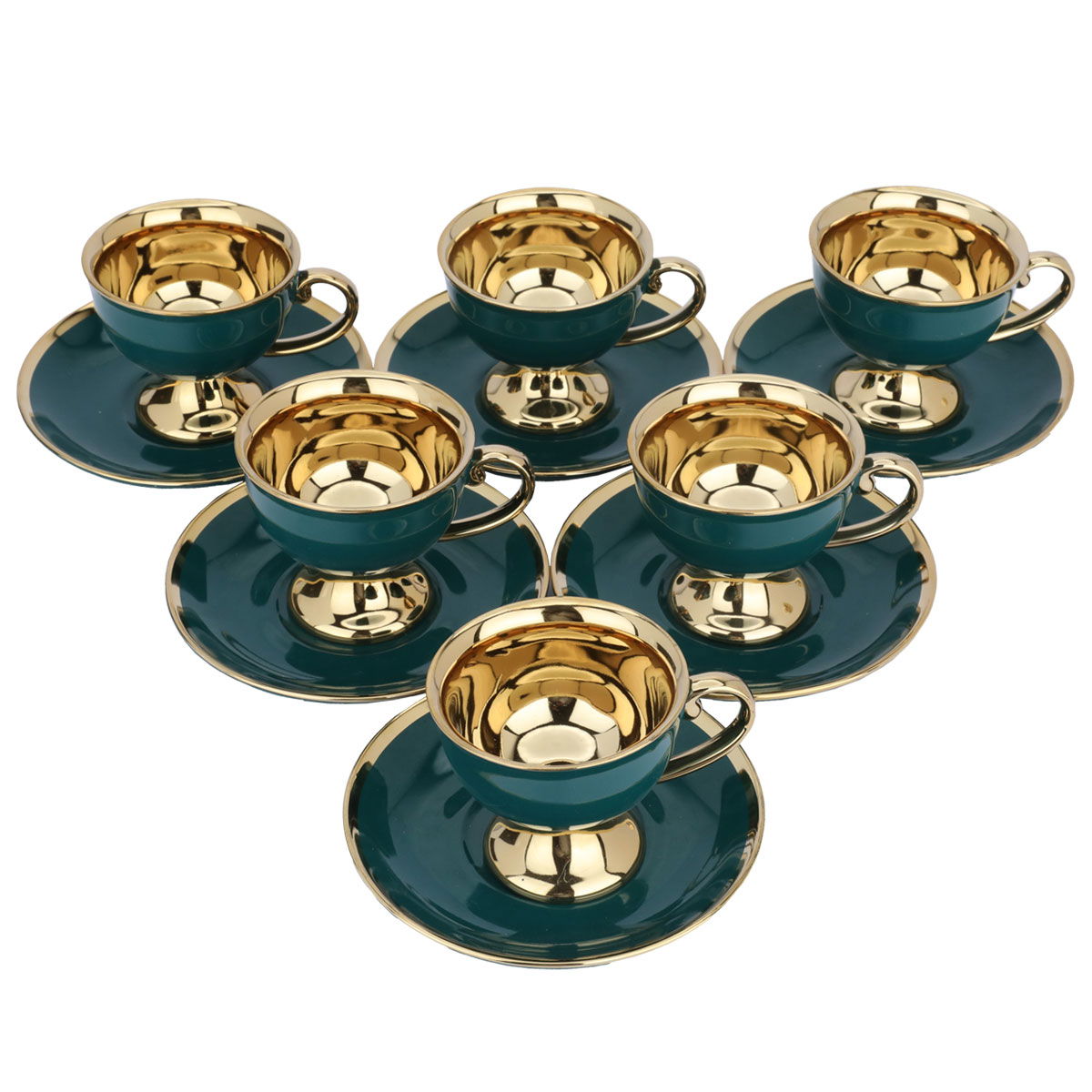 Al Saif Gallery porcelain Turkish coffee cup set, gold base, 12 pieces - green product image