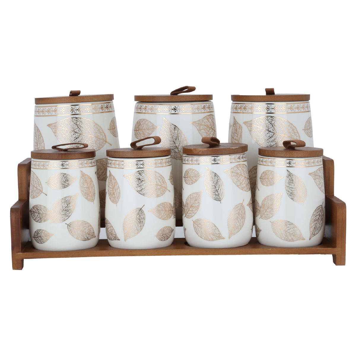 Al Saif Gallery Porcelain Spice Jar Set with Lid and Wooden Stand, 7 Pieces - White product image 1