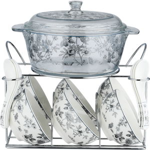 Golden Gallery Porcelain Glass Soup Set, 16 Pieces, Rose Pattern - Clear White product image