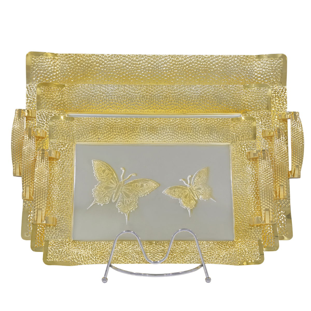 Al Saif Gallery steel topper set, 50x36x2.7 / 43x31x2.7 / 36x26x2.7 cm, rectangle, golden butterfly, 3 pieces - silver product image