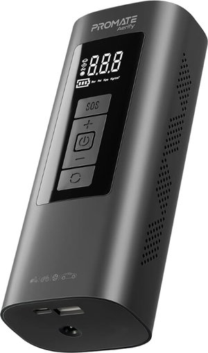 Promate Tire Inflator, 25 L/min Airflow, LED Light, 150 lbs, 6000 mAh Battery, LCD Display - Black product image