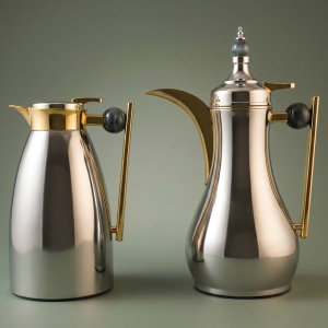 AlaaAl Saif Gallery Thermos Set, 1/1 liter, 2 pieces, thermal glass inner case, gray marble handle, pressure - silver product image