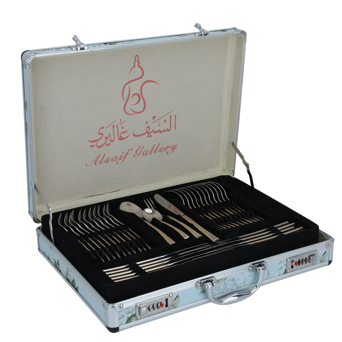 Al Saif Gallery steel spoon set, blue wooded aluminum case, 72 pieces - silver product image