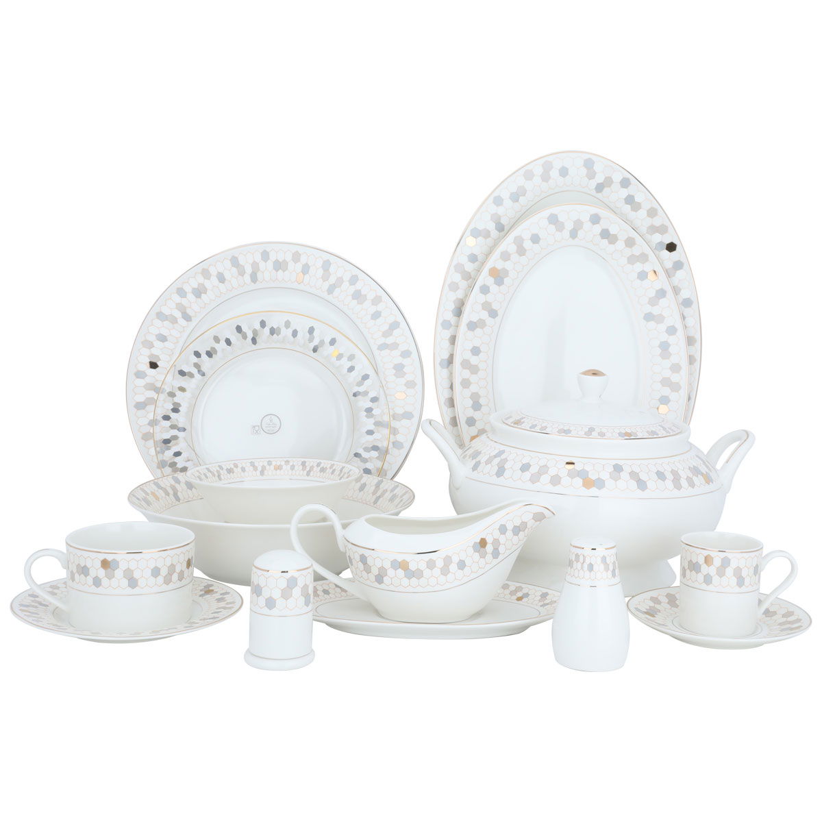 طقم سفرة بورسلان السيف غاليري، 86 قطعة، شكل سداسي - أبيض product image