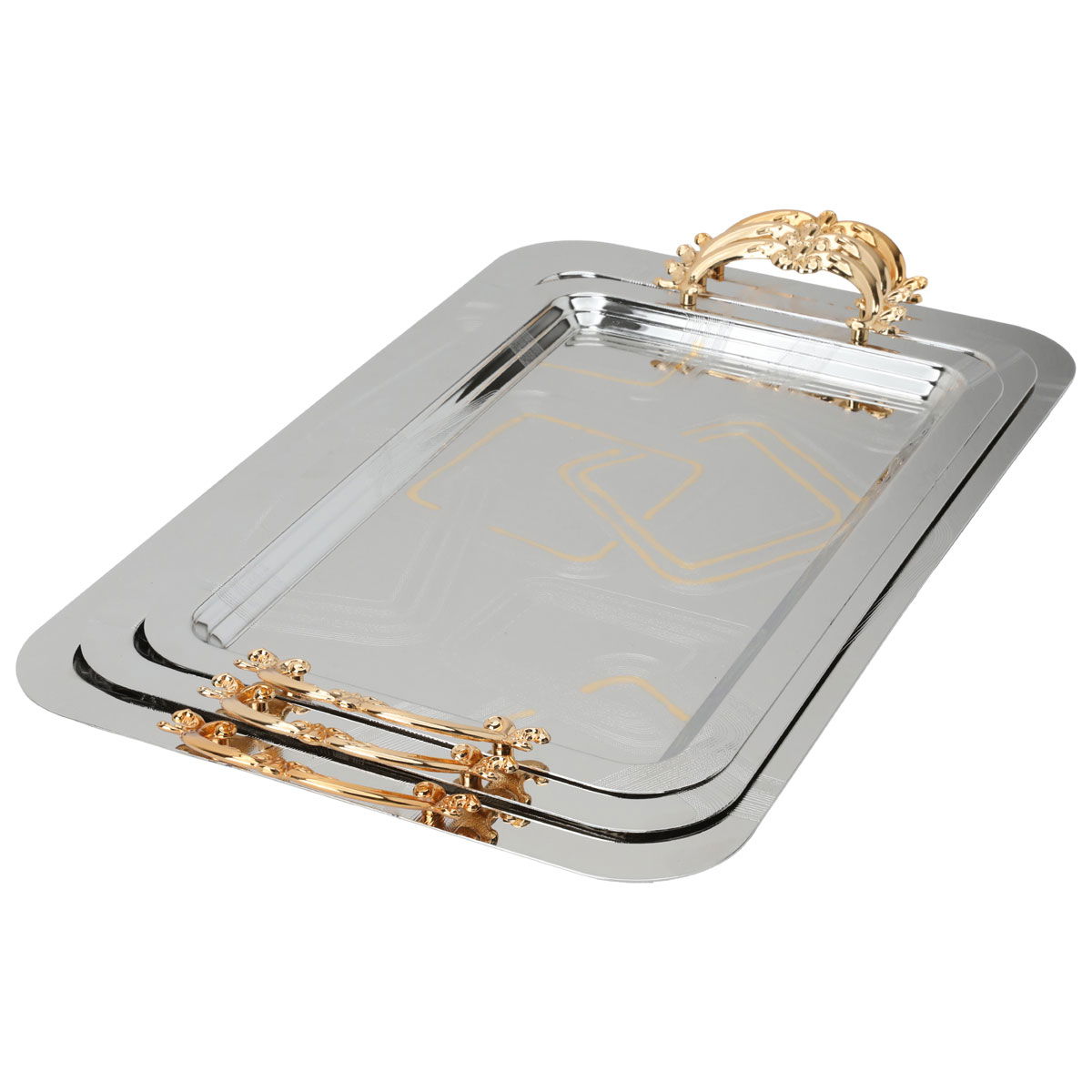 Al Saif Gallery steel tray set with a gold handle, 3 pieces, rectangular, square pattern - silver product image