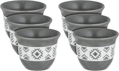 طقم فناجين قهوة عربي سعودي بورسلان السيف غاليري، 6 قطع، نقش تراثي - رمادي أبيض product image 1