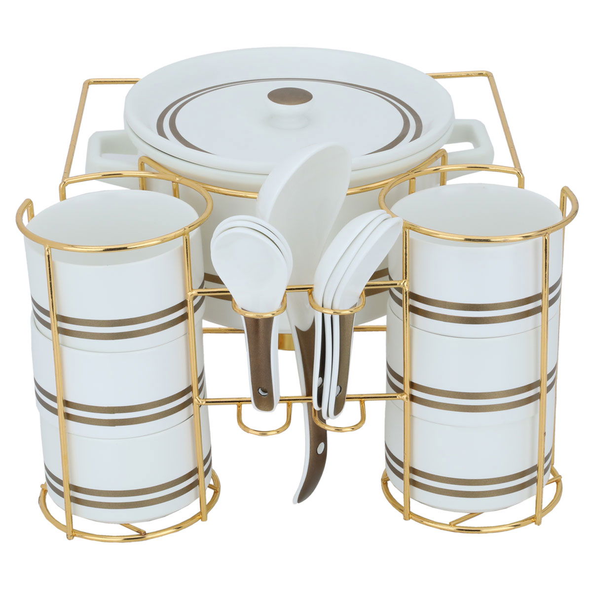 White porcelain soup warmer set with golden stand, 16 pieces product image 2