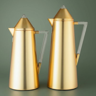 Al Saif Gallery Al Dana Thermos Set, 2 Pieces, 0.7/1 Liter, Glass Inner Material, Transparent Handle, Press Lid - Gold product image 1