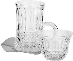 Glass cup and saucer serving set, 36 pieces, stainless steel saucers, 12 cm - clear silver product image