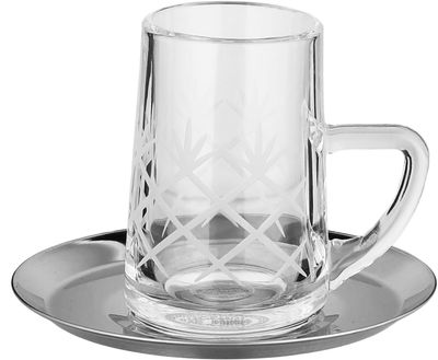 Al Saif Gallery Glass Cup and Tea Set, 18 Pieces, Stainless Steel Saucers, 12cm, Floral Pattern - Clear Silver product image 3