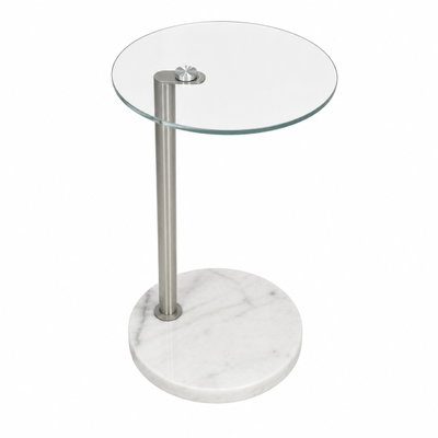 طاولة خدمة مفرد زجاج، 55×35×35 سم، قاعدة رخام دائرية، رافعة معدن - فضي أبيض product image 2