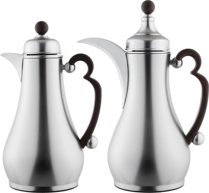 Alsaif Gallery Al-Asalah Thermos Set, 1/1 liter, glass interior, stainless steel exterior, dark wooden handle, press - matte silver product image 1