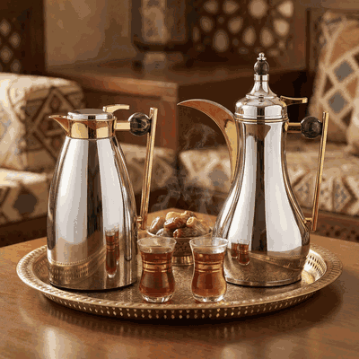 Al Saif Gallery thermos set, 1 liter, golden handle, thermal glass inner case, steel outer body - silver product image 2