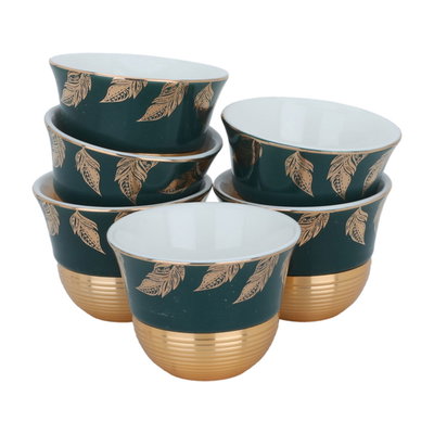 طقم فناجين قهوة عربي سعودي بورسلان السيف غاليري، 12 قطعة، مشجر، قاعدة ذهبي - أخضر product image 1