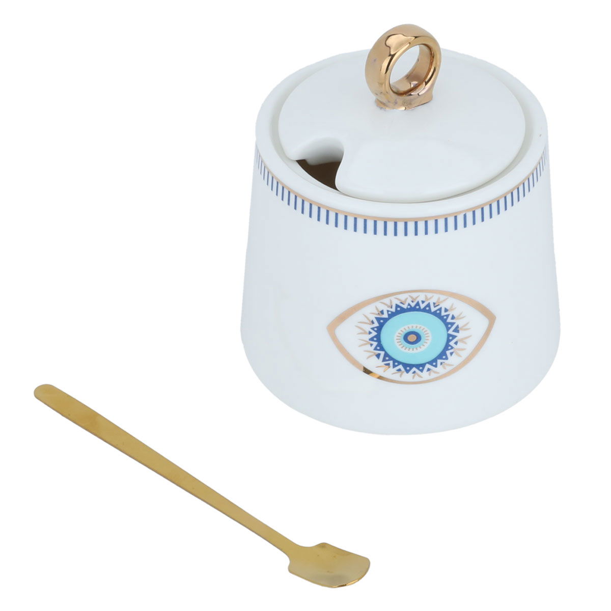 Al Saif Gallery porcelain sugar bowl, eye pattern, with spoon - white product image 2