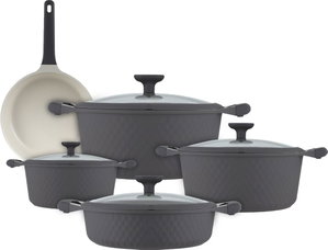 طقم قدور داي كاست الومنيوم روبوست، 9 قطع، غطاء زجاج، يد سيليكون - رمادي غامق product image