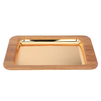 Steel tray with wooden edge fromAl Saif Gallery, 40 x 26 x 3 cm, rectangle, small - gold product image 2