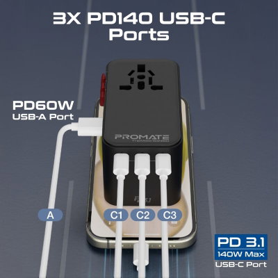 محول سفر مدمج بروميت تريب جان-160، 160 واط، 10 امبير، 4 منافذ - اسود product image 3