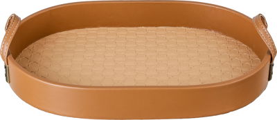 Al Saif Gallery wooden serving tray, 36.5x25.5x4.5 cm, oval, leather handle - beige brown product image 1