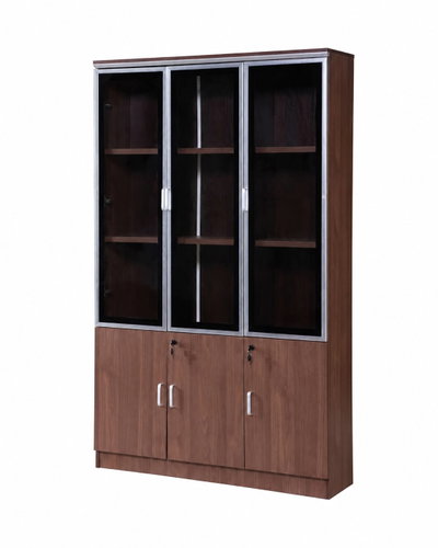 OW-110 MDF wood storage and display cabinet, 190×120×32 cm, 6 doors, 3 glass top doors, 3 wooden bottom doors, metal handles - Dark Brown product image 2