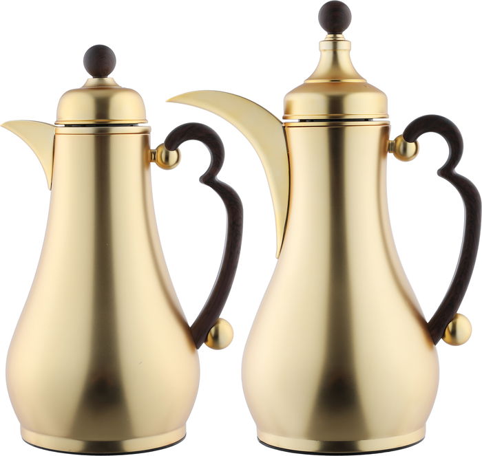 Alsaif Gallery Al-Asalah Thermos Set, 1/1 liter, glass interior, stainless steel exterior, dark wooden handle, press - gold product image 1