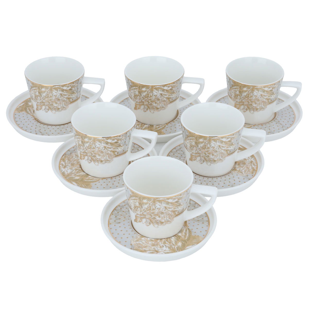Al Saif Gallery porcelain coffee cup set, golden rose pattern, with saucer, 12 pieces - white product image 2