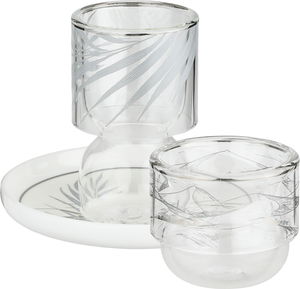 طقم تقديم بيالات شاي زجاج وفناجين قهوة مع صحون بورسلان السيف غاليري، مشجر فضي، 18 قطعة - ابيض شفاف product image