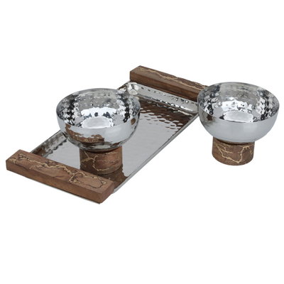 طقم زبادي استيل السيف غاليري، بقاعدة خشبي، مع طوفرية، 3 قطعة - فضي product image 2