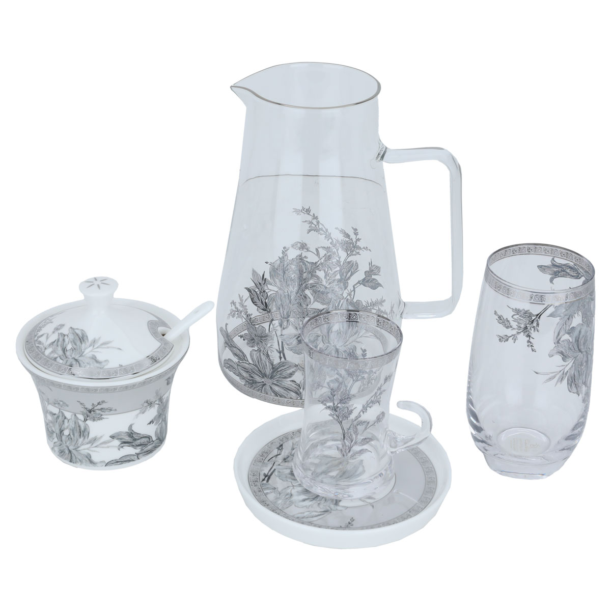 Al Saif Gallery porcelain dining set, 62 pieces, silver-white floral pattern product image 2