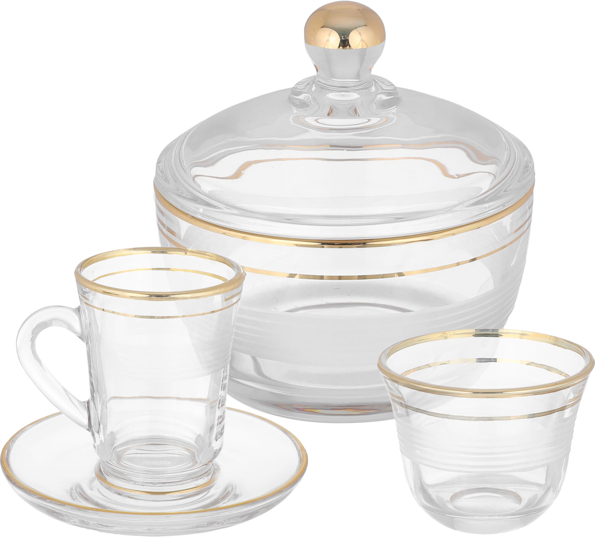 Al Saif Gallery glass tea and coffee serving set, with golden font, 26 pieces - transparent product image