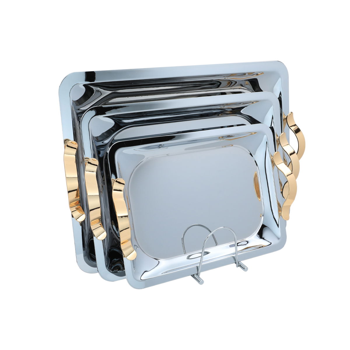 Al Saif Gallery steel tray set with a gold handle, 3 pieces, rectangular - silver product image