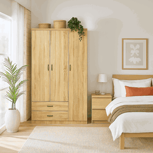 MDF Wood Wardrobe, 200×120×54 Cm, Three Doors, 2 Drawers - Brown product image