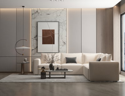 Modern Swedish wood sofa, 300 x 300 cm, Chanel fabric - off-white product image 3