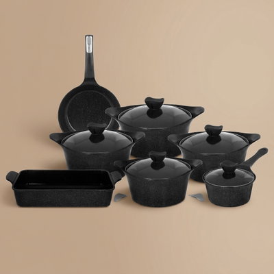 طقم قدور ألمنيوم مطلي سيراميك ايني نيوفلام، 12 قطعة، بغطاء زجاج - أسود product image 1