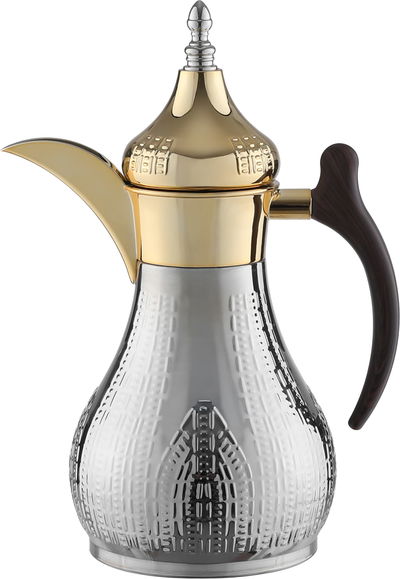 Al Saif Gallery Haila Thermos, 1 liter, wooden handle, steel inner case, steel outer case - silver gold product image 1
