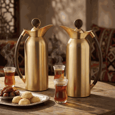 Al Saif Gallery Al Thuraya Thermos Set, 2 Pieces, 1/1 Liter, glass interior, black handle, gold push-button lid product image 11