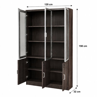 OW-110 MDF wood storage and display cabinet, 190×120×32 cm, 6 doors, 3 glass top doors, 3 wooden bottom doors, metal handles - wood gray product image 3