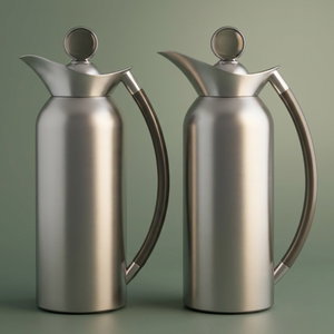 Al Saif Gallery Al Thuraya Thermos Set, 2 Pieces, 1/1 Liter, glass interior, black handle, push-button lid - silver product image