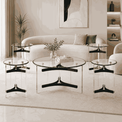 طقم طاولات زجاج و ستيل و اكرليك، 5 قطع - شفاف اسود product image 1