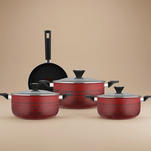 طقم قدور تيفال رد فلام، 7 قطع، غطاء زجاج - أحمر أسود product image