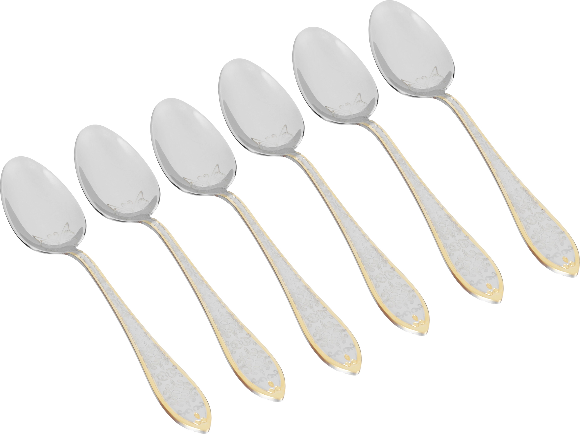 Al Saif Gallery steel eating spoon set, engraved with golden script, 6 pieces - silver product image