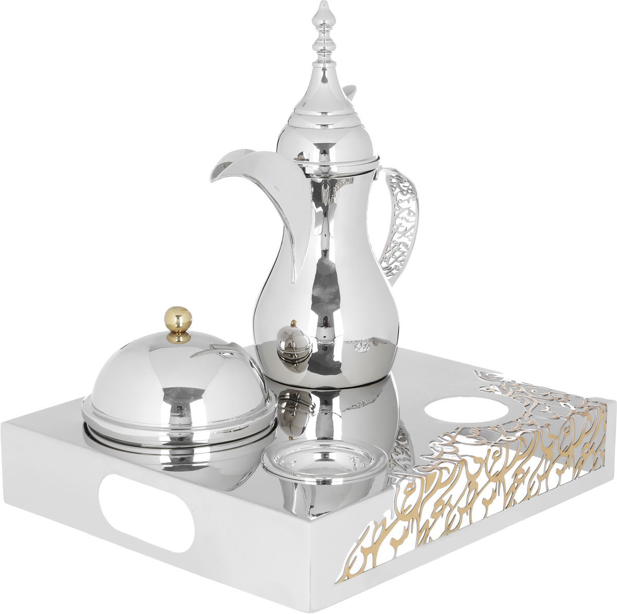 طقم ضيافة أستيل (دلة +تمرية +صحن نوا)السيف غاليري، 4 قطع، قاعدة - فضي product image 2