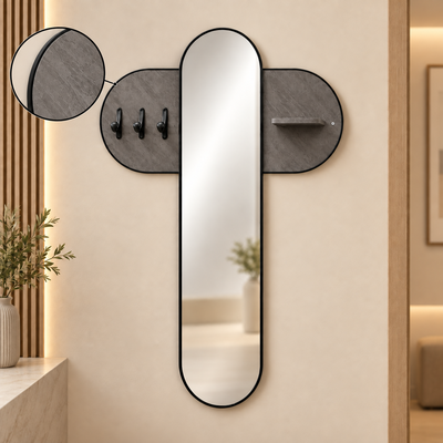 مرآة مدخل منزل زجاج، 80×120×30 سم، لوح تعليق خشبي، خطافات تعليق معدنية - رمادي product image 3